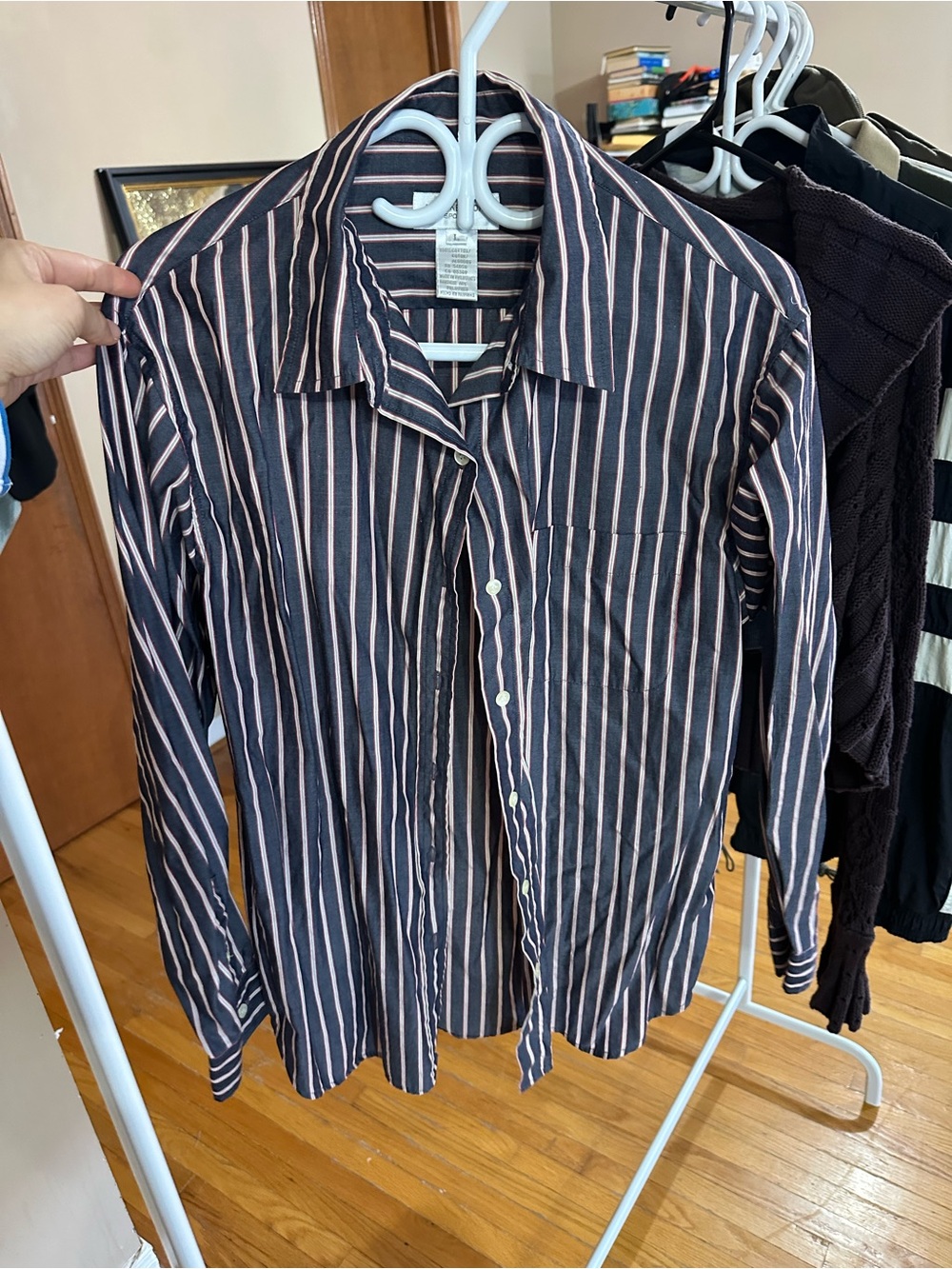 Jones New York Black Shirt with Pink Vertical Stripes